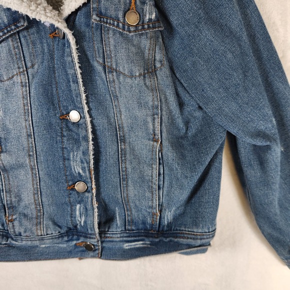 Jade & Ivory Denim Jacket‎ Womens Small Sherpa Collar Button Front Distressed - Picture 3 of 7